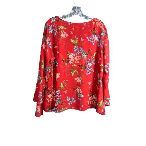 Cabi Red Floral Blouse Size L Keyhole Neckline Long Bell Sleeves - Picture 5 of 6